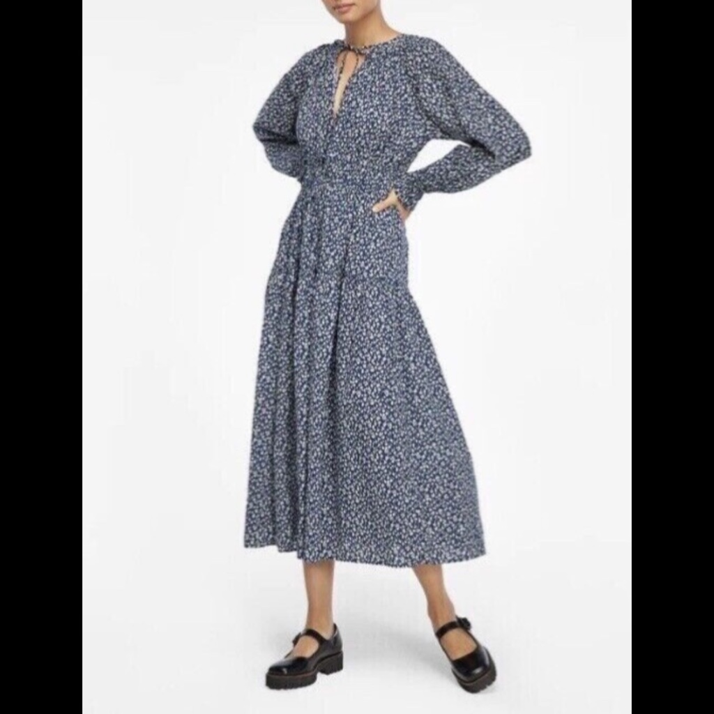 Lacausa X Anthropologie Dama Midi Tiered Dress Blue Magic Mushroom Size S